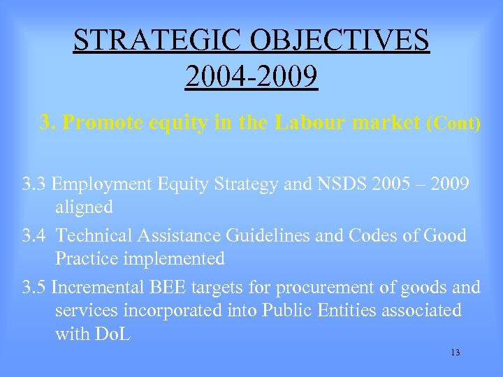 STRATEGIC OBJECTIVES 2004 -2009 3. Promote equity in the Labour market (Cont) 3. 3