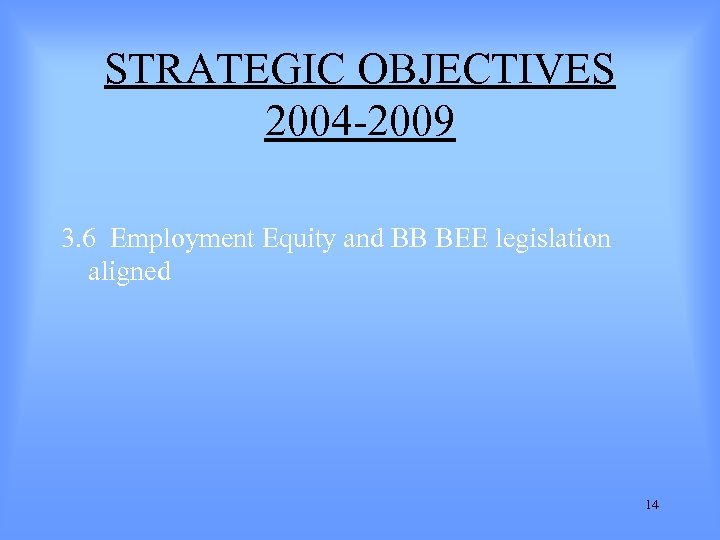 STRATEGIC OBJECTIVES 2004 -2009 3. 6 Employment Equity and BB BEE legislation aligned 14