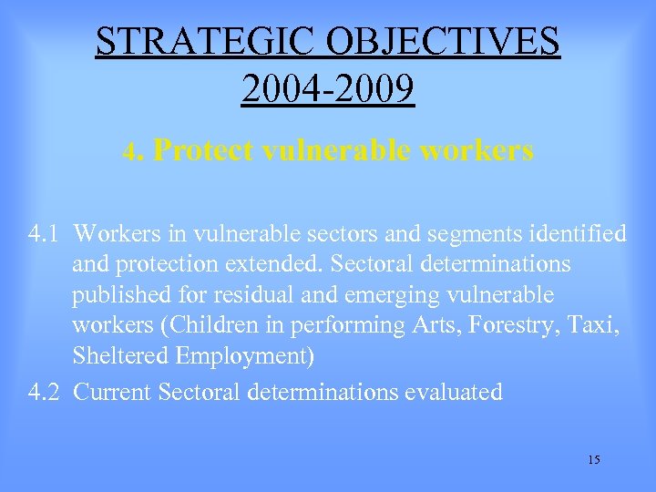 STRATEGIC OBJECTIVES 2004 -2009 4. Protect vulnerable workers 4. 1 Workers in vulnerable sectors