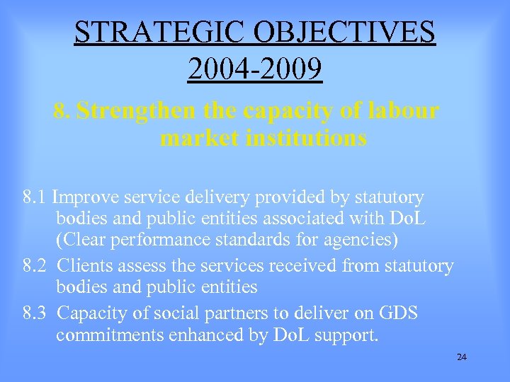 STRATEGIC OBJECTIVES 2004 -2009 8. Strengthen the capacity of labour market institutions 8. 1