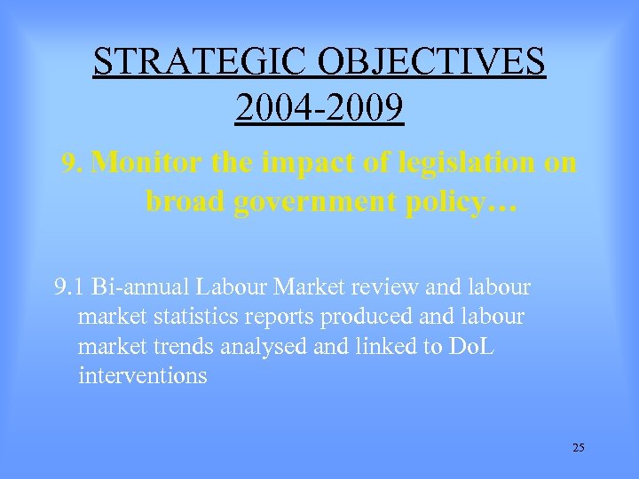 STRATEGIC OBJECTIVES 2004 -2009 9. Monitor the impact of legislation on broad government policy…