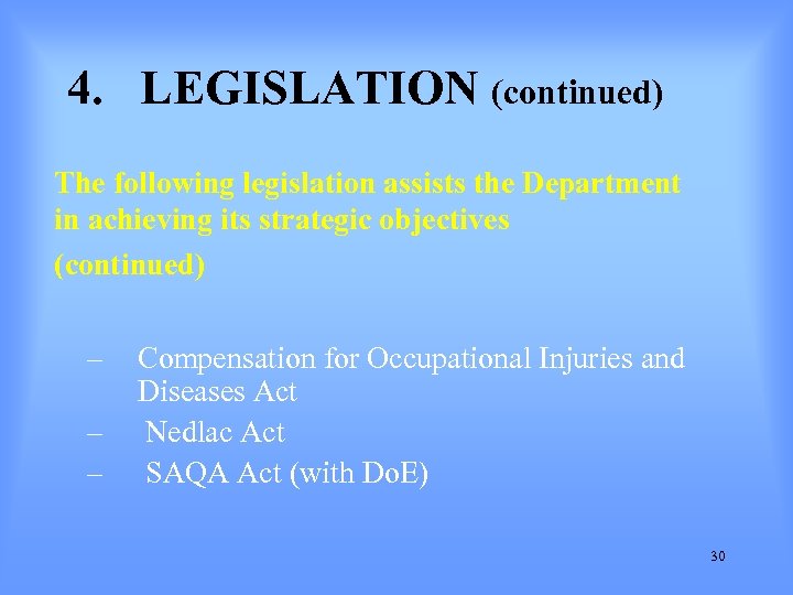 4. LEGISLATION (continued) The following legislation assists the Department in achieving its strategic objectives