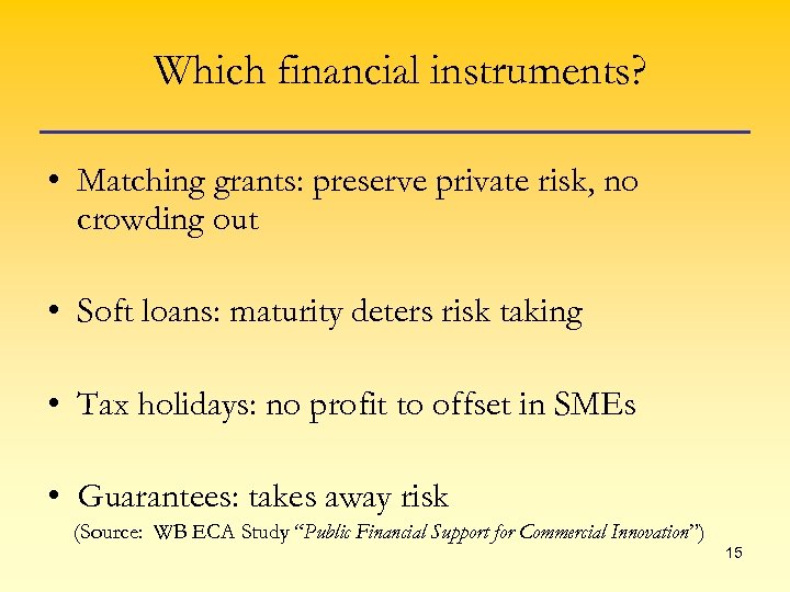 Which financial instruments? • Matching grants: preserve private risk, no crowding out • Soft