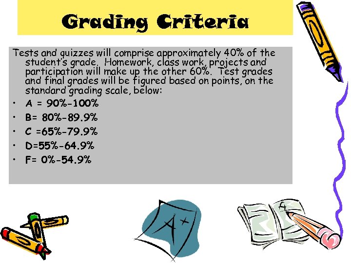 Grading Criteria Tests and quizzes will comprise approximately 40% of the student’s grade. Homework,
