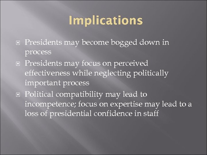 Implications Presidents may become bogged down in process Presidents may focus on perceived effectiveness