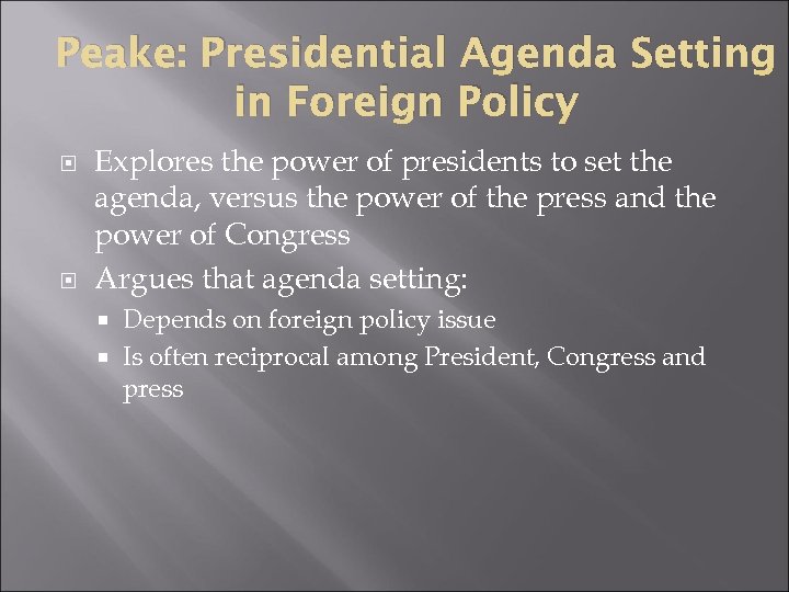 Peake: Presidential Agenda Setting in Foreign Policy Explores the power of presidents to set