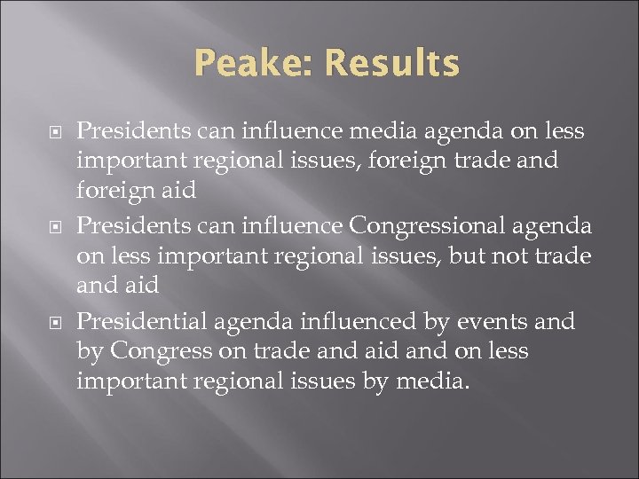 Peake: Results Presidents can influence media agenda on less important regional issues, foreign trade