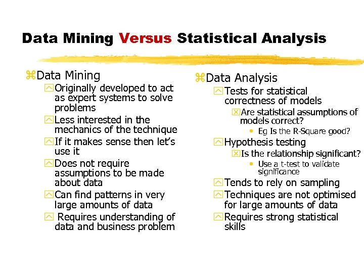 Data Mining Versus Statistical Analysis z. Data Mining y Originally developed to act as