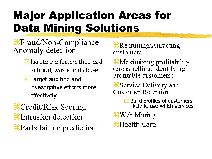 Major Application Areas for Data Mining Solutions z. Fraud/Non-Compliance Anomaly detection y Isolate the