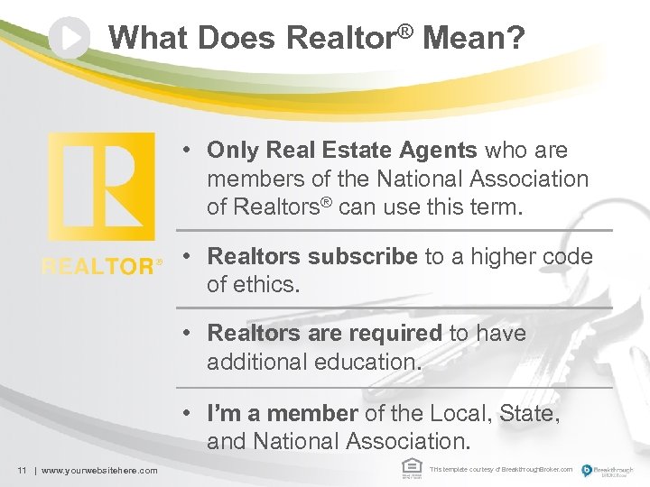 What Does Realtor® Mean? • Only Real Estate Agents who are members of the