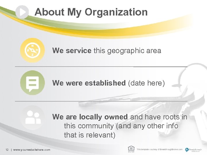 About My Organization We service this geographic area We were established (date here) We