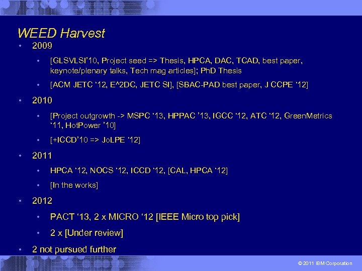 WEED Harvest • 2009 • • • [GLSVLSI’ 10, Project seed => Thesis, HPCA,