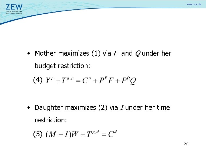  • Mother maximizes (1) via F and Q under her budget restriction: (4)