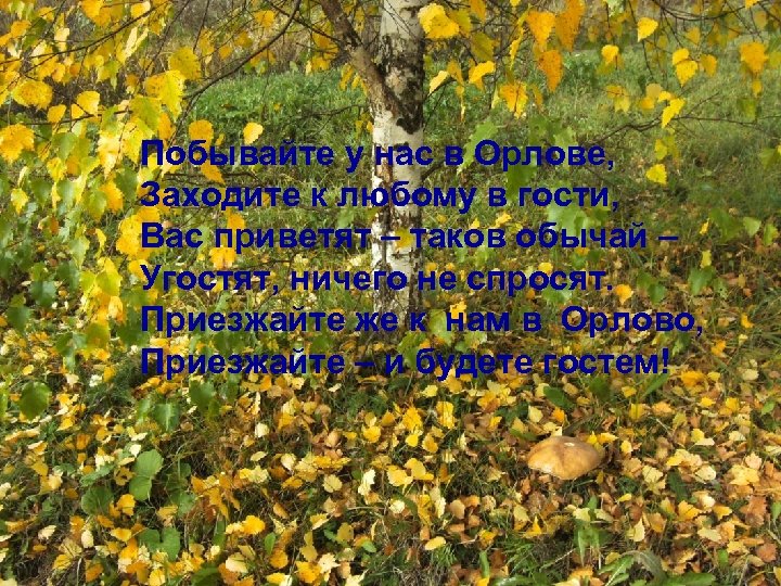 Побывайте у нас в Орлове, Заходите к любому в гости, Вас приветят – таков