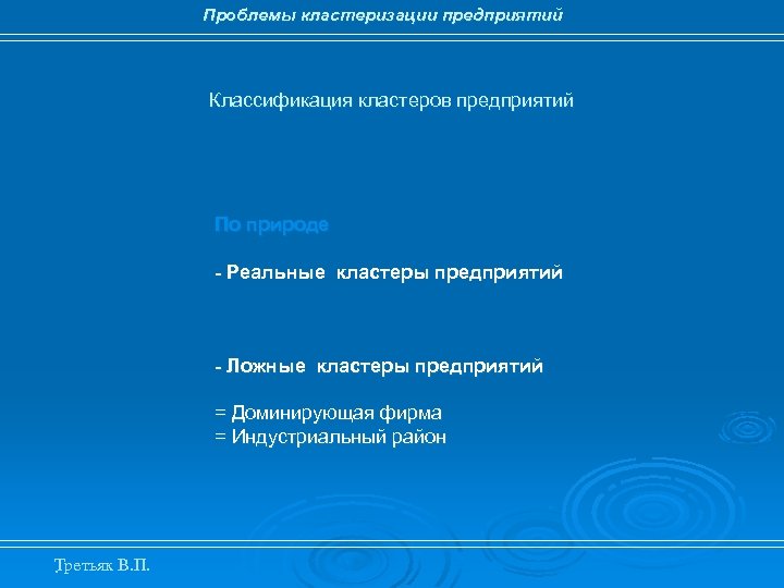 Проблемы кластеризации предприятий Классификация кластеров предприятий По природе - Реальные кластеры предприятий - Ложные