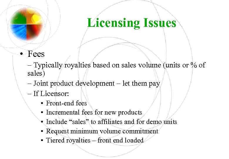 Licensing Issues • Fees – Typically royalties based on sales volume (units or %