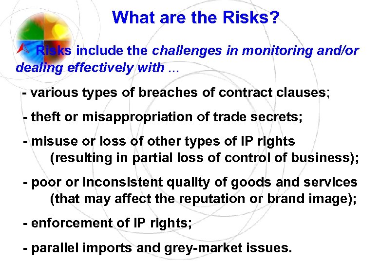 What are the Risks? Risks include the challenges in monitoring and/or dealing effectively with