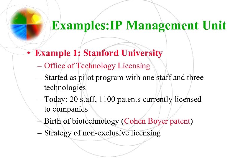 Examples: IP Management Unit • Example 1: Stanford University – Office of Technology Licensing