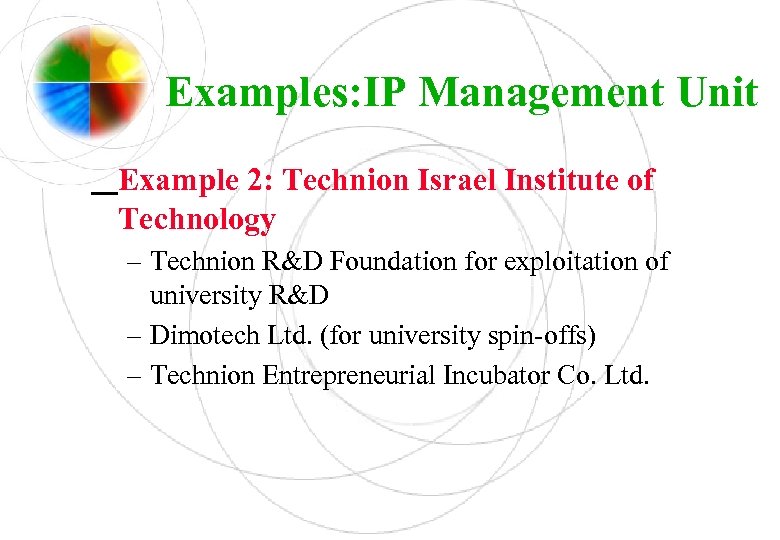 Examples: IP Management Unit Example 2: Technion Israel Institute of Technology – Technion R&D