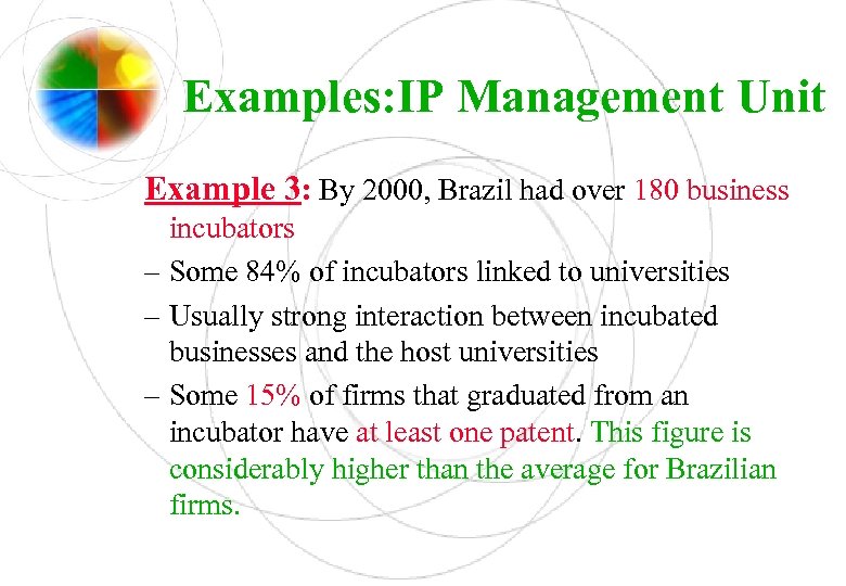 Examples: IP Management Unit Example 3: By 2000, Brazil had over 180 business incubators