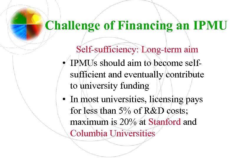 Challenge of Financing an IPMU Self-sufficiency: Long-term aim • IPMUs should aim to become