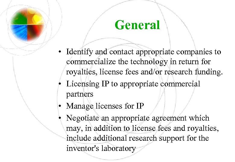 General • Identify and contact appropriate companies to commercialize the technology in return for