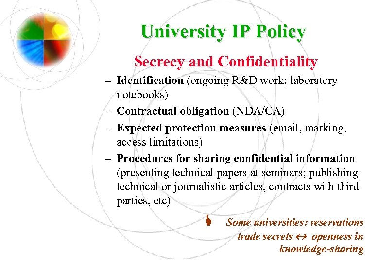 University IP Policy Secrecy and Confidentiality – Identification (ongoing R&D work; laboratory notebooks) –