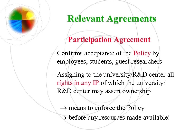 Relevant Agreements Participation Agreement – Confirms acceptance of the Policy by employees, students, guest