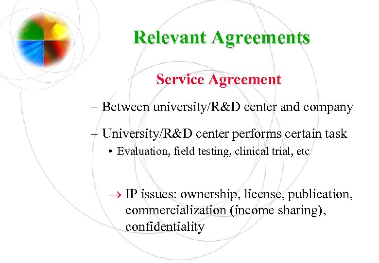 Relevant Agreements Service Agreement – Between university/R&D center and company – University/R&D center performs