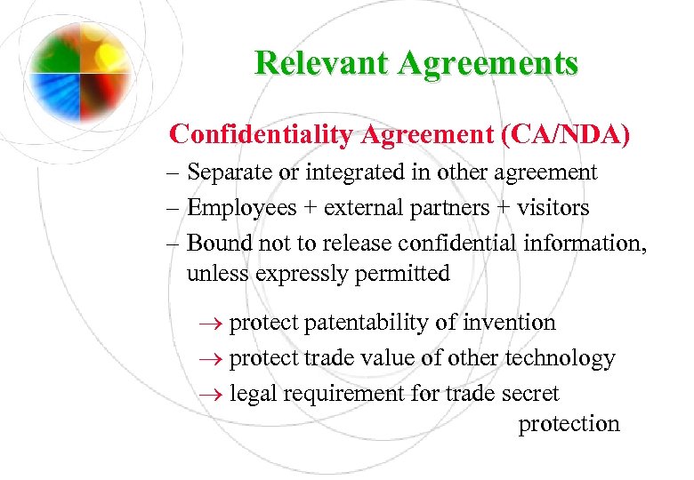 Relevant Agreements Confidentiality Agreement (CA/NDA) – Separate or integrated in other agreement – Employees