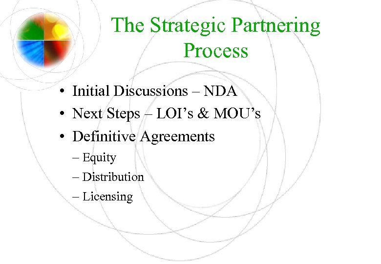 The Strategic Partnering Process • Initial Discussions – NDA • Next Steps – LOI’s