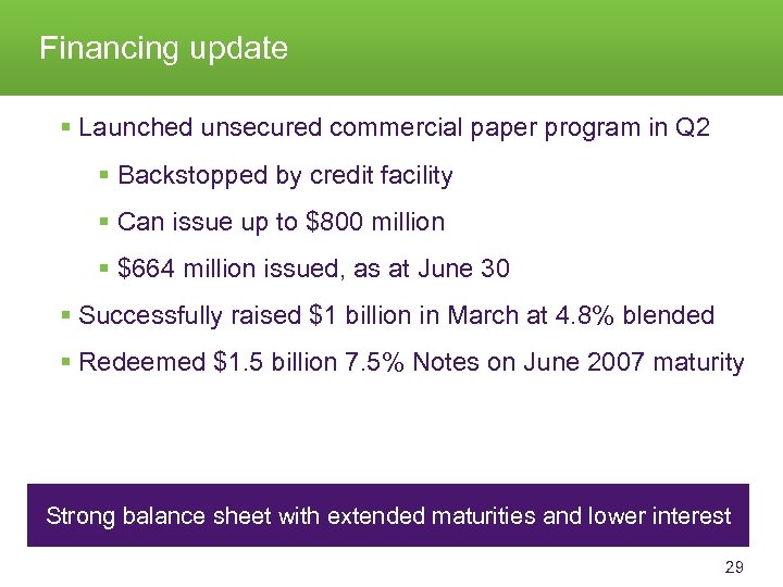 Financing update § Launched unsecured commercial paper program in Q 2 § Backstopped by