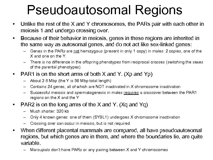 Pseudoautosomal Regions • • Unlike the rest of the X and Y chromosomes, the