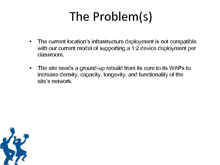 The Problem(s) • The current location’s infrastructure deployment is not compatible with our current