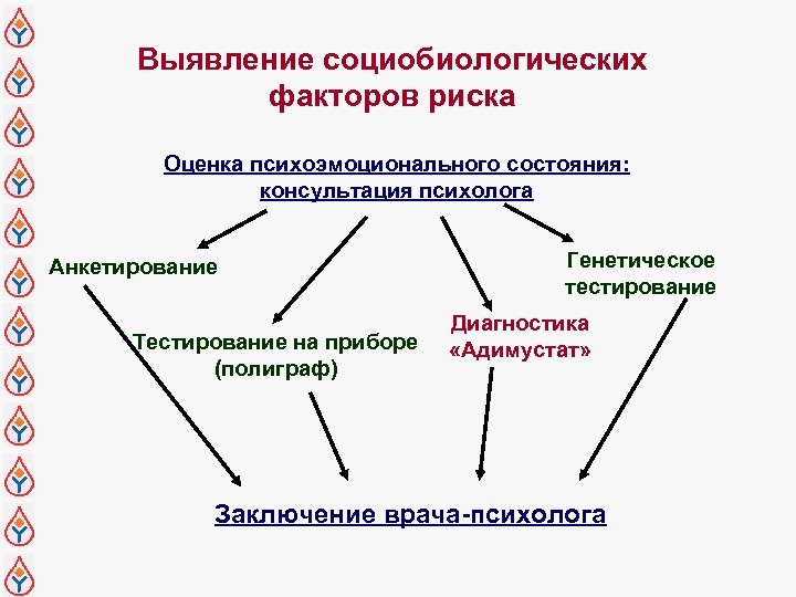 Выявление социобиологических факторов риска Оценка психоэмоционального состояния: консультация психолога Анкетирование Тестирование на приборе (полиграф)