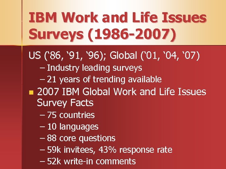 IBM Work and Life Issues Surveys (1986 -2007) US (‘ 86, ‘ 91, ‘