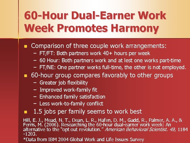60 -Hour Dual-Earner Work Week Promotes Harmony n Comparison of three couple work arrangements: