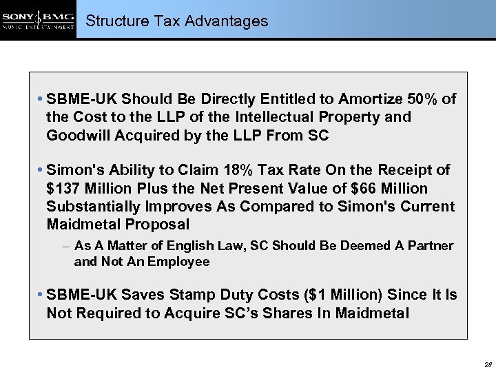 Structure Tax Advantages • SBME-UK Should Be Directly Entitled to Amortize 50% of the