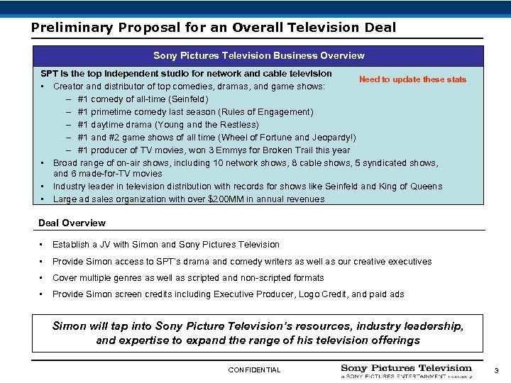 Preliminary Proposal for an Overall Television Deal Sony Pictures Television Business Overview SPT is