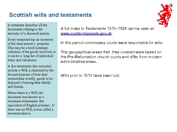 Scottish wills and testaments A testament describes all the documents relating to the executry