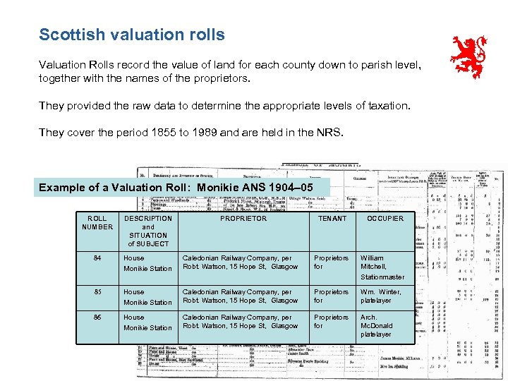 Scottish valuation rolls Valuation Rolls record the value of land for each county down