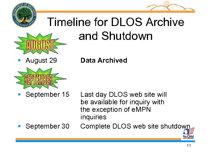 Timeline for DLOS Archive and Shutdown § August 29 Data Archived § September 15