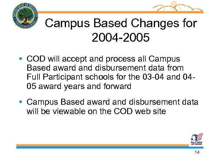 Campus Based Changes for 2004 -2005 § COD will accept and process all Campus