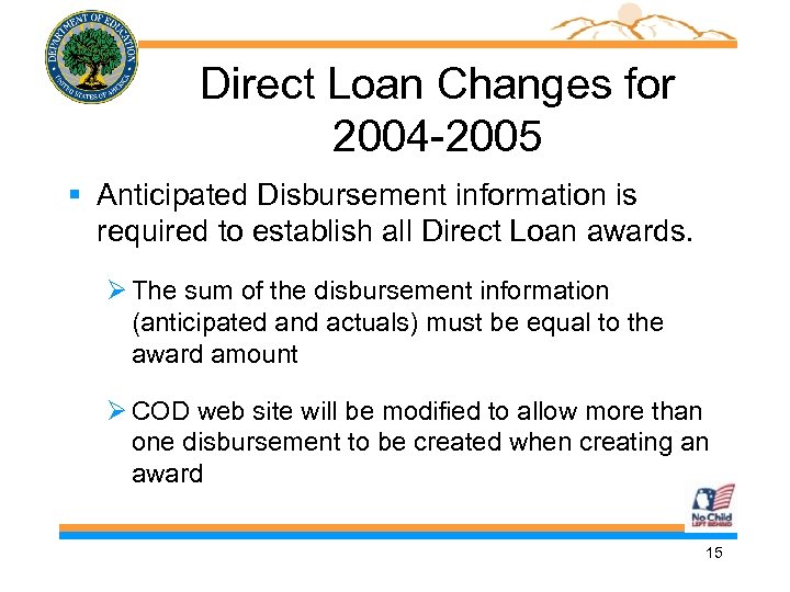 Direct Loan Changes for 2004 -2005 § Anticipated Disbursement information is required to establish