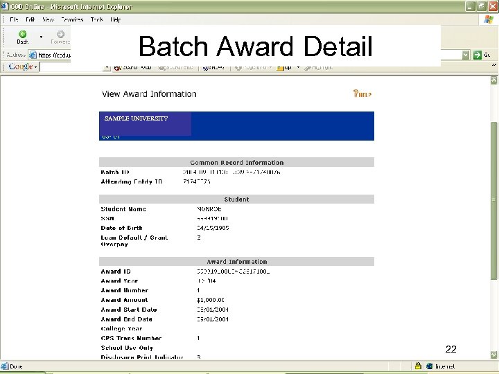 Batch Award Detail SAMPLE UNIVERSITY 22 