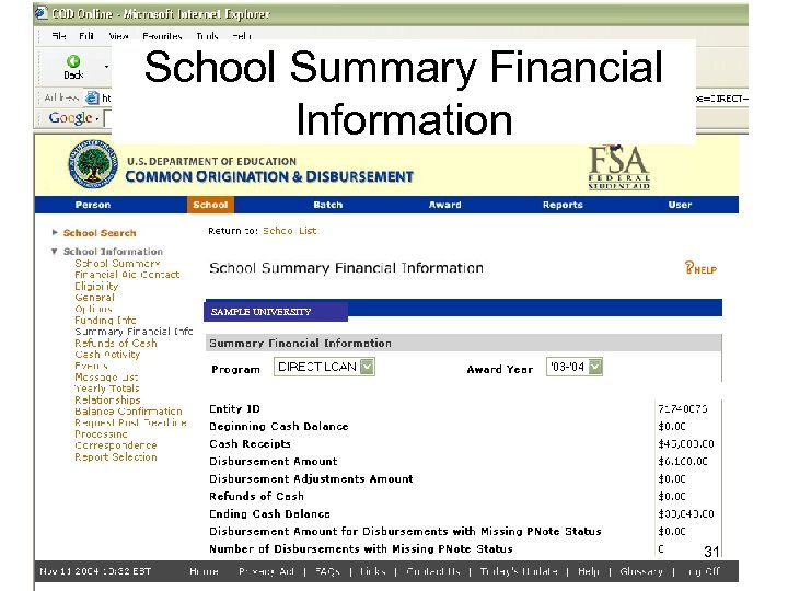 School Summary Financial Information SAMPLE UNIVERSITY 31 