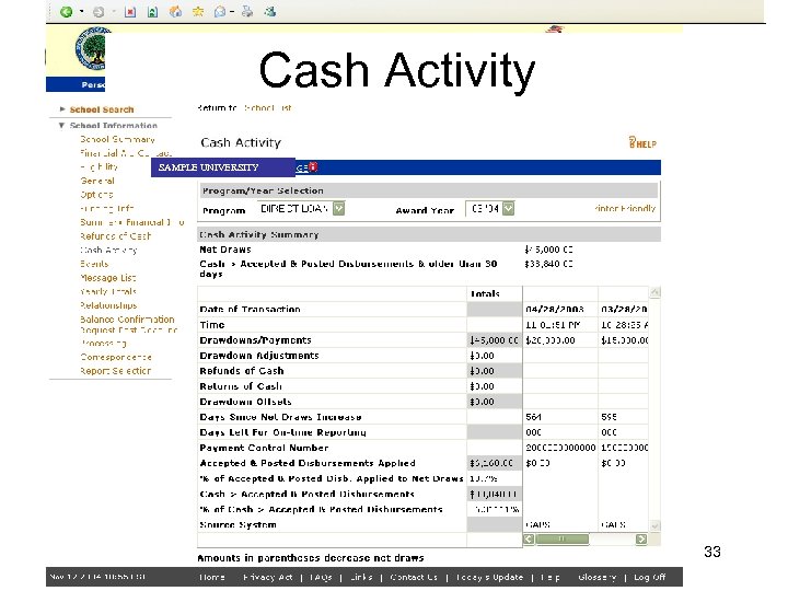 Cash Activity SAMPLE UNIVERSITY 33 