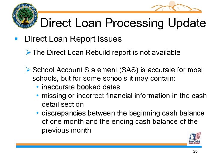 Direct Loan Processing Update § Direct Loan Report Issues The Direct Loan Rebuild report