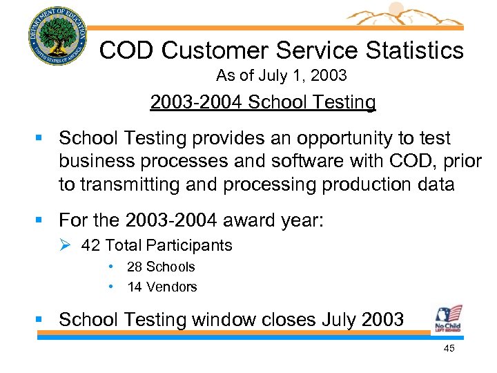 COD Customer Service Statistics As of July 1, 2003 -2004 School Testing § School