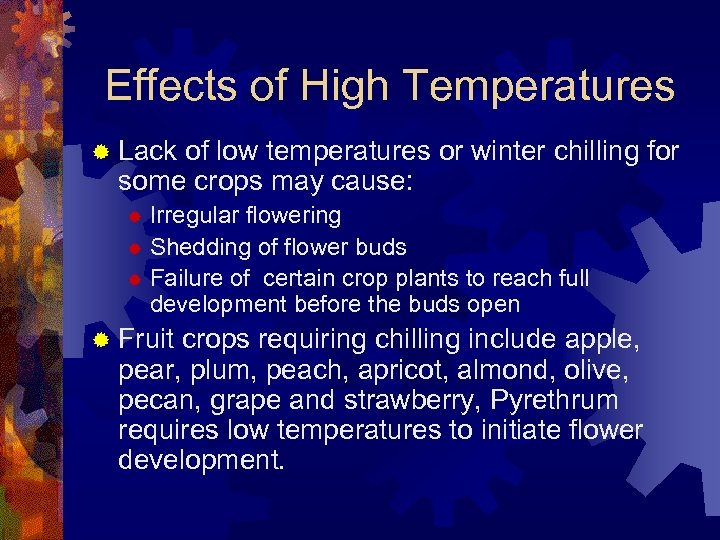 Effects of High Temperatures ® Lack of low temperatures or winter chilling for some